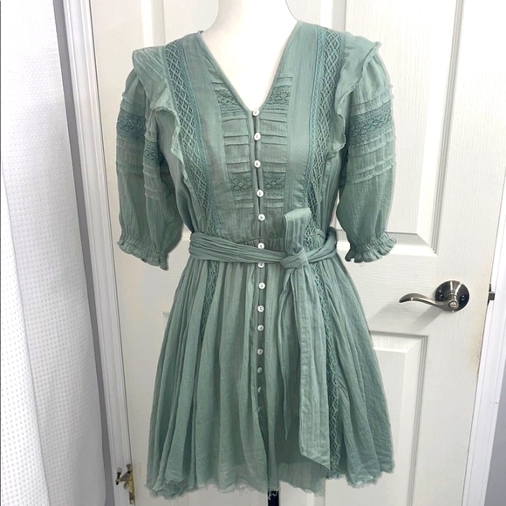 Astr The Label Green Pleated Puff Sleeve Dress Lace & Ruffles Full Skirt Size XS - Picture 4 of 14